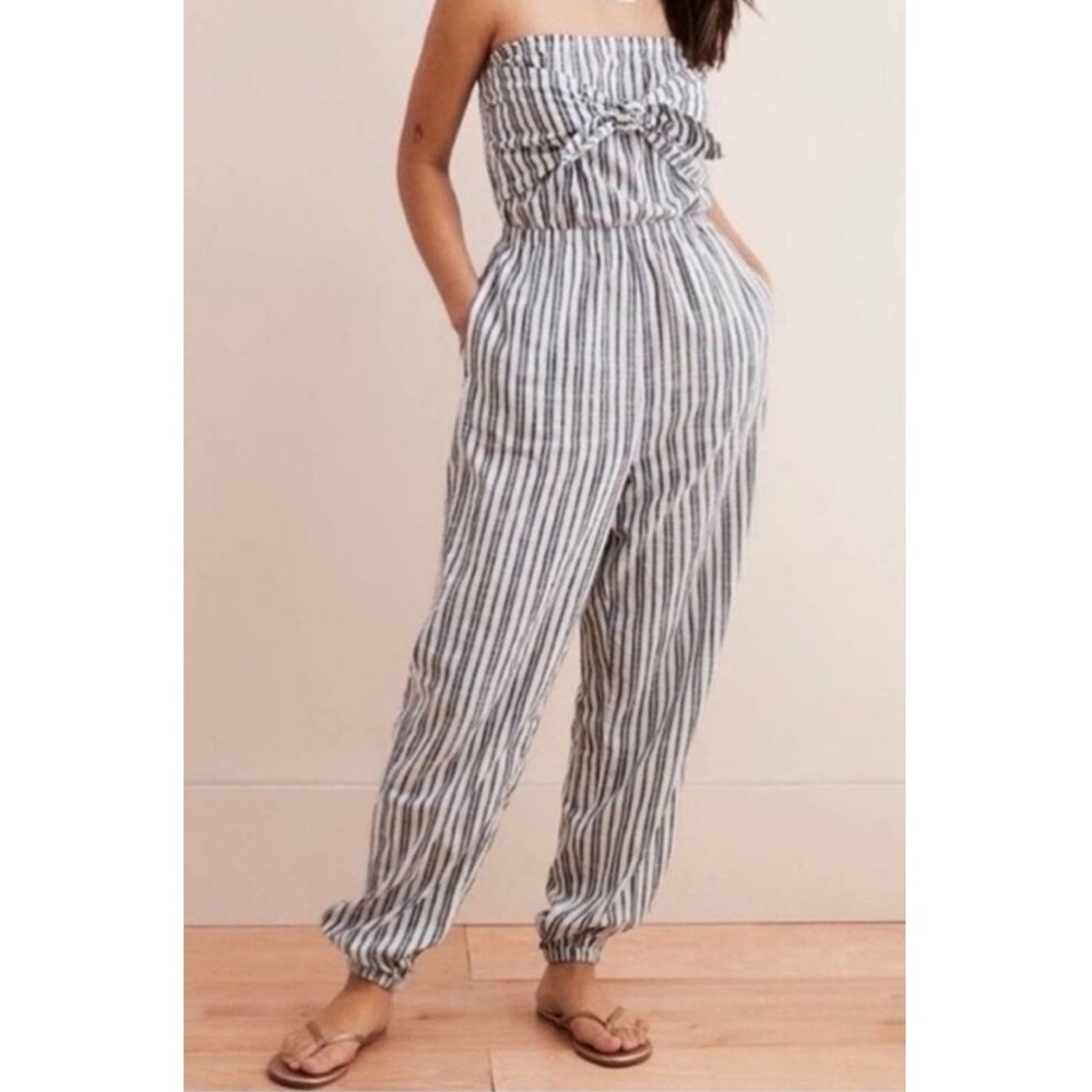 AE Aerie Linen Pinstripe Strapless Jumpsuit